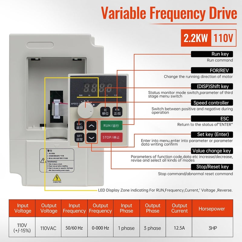RATTMMOTOR 2.2KW VFD 110V Single to 3 Phase Inverter Variable Frequency Drive Spindle Motor Controller Converter for CNC Router Engraver Milling Machine - Image 3